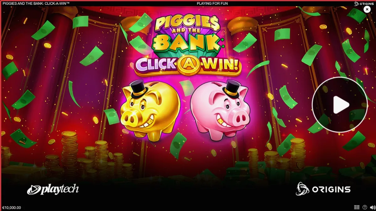 Porquinho elegante de cartola em um cenário de luxo no slot Piggies and the Bank: Click-A-Win
